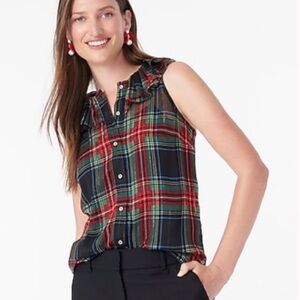 J. Crew Sleeveless Ruffle Collar Tartan Plaid Blouse